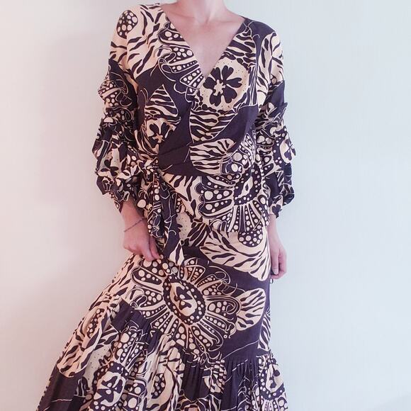 ZARA Printed Linen Blend Wrap Top & Maxi Skirt Ruffles Brown & Cream Size XS - Picture 5 of 11